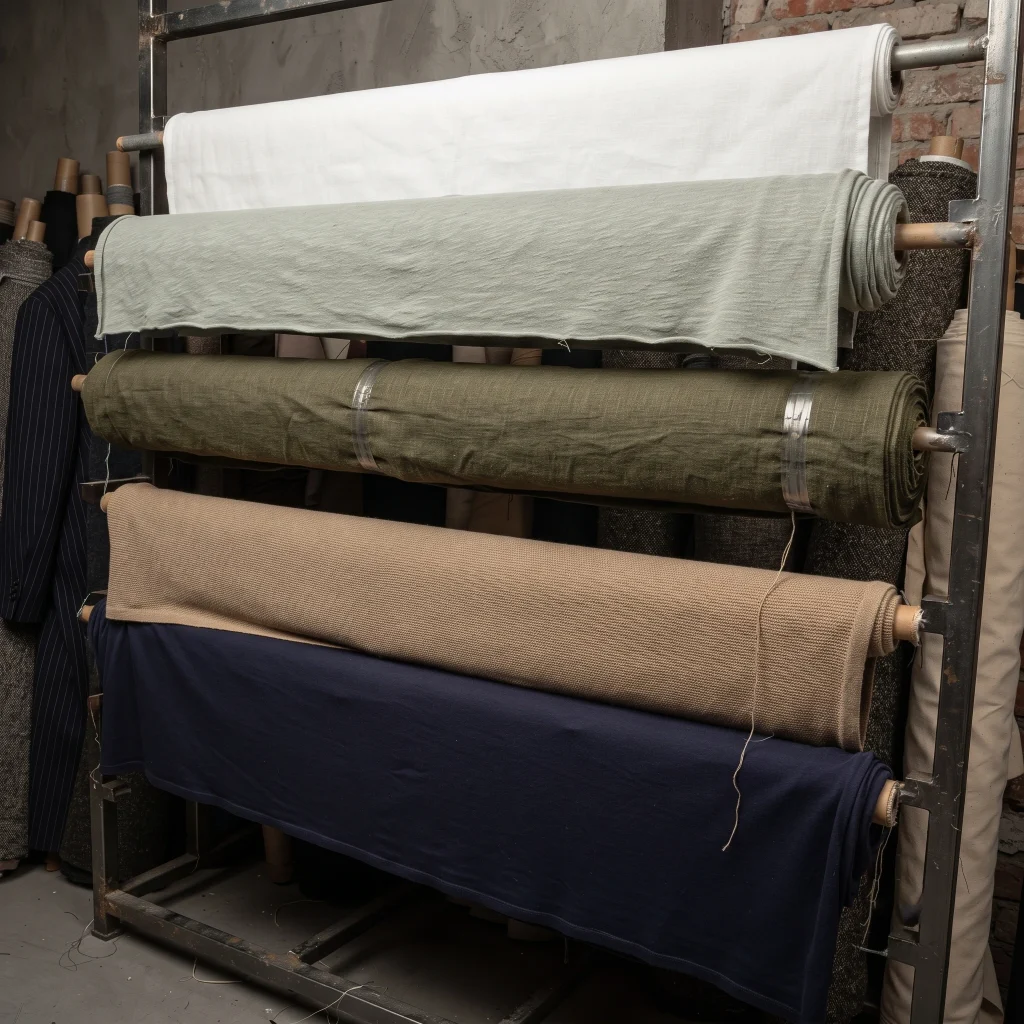 Fabric rolls in multiple colors prepared for private label clothing manufacturing and garment production.